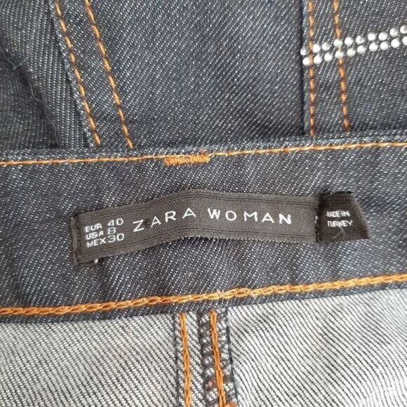 ZARA Bootcut Leg Rhinestone Pocket Jeans Mid-Rise Blue Denim Sz 8 - Picture 8 of 9